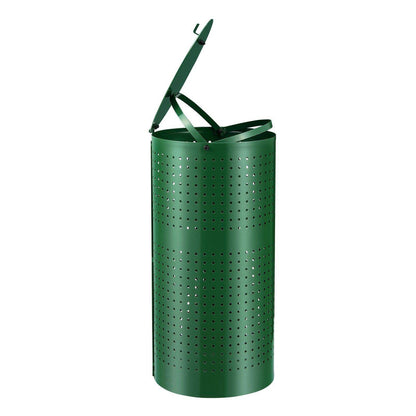 Green perforated trash can with a handle on a white background