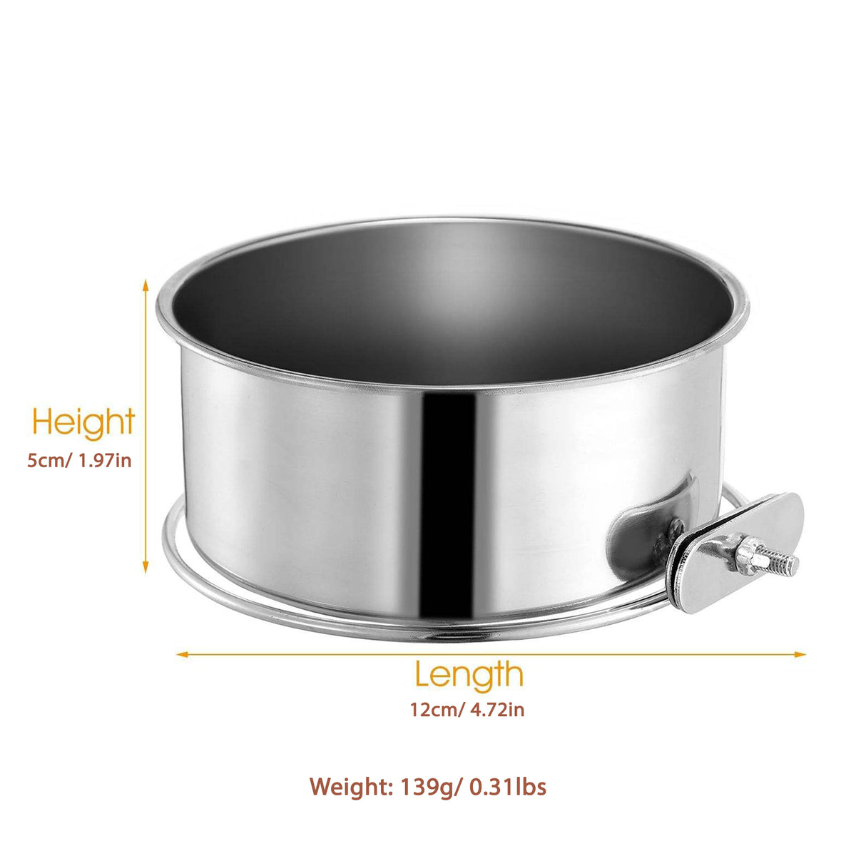 A stainless steel round pot with a lid and side knob, shown on a white background with dimension labels for height, length, and weight.
