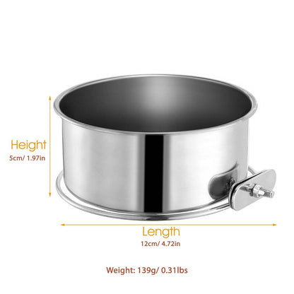 A stainless steel round pot with a lid and side knob, shown on a white background with dimension labels for height, length, and weight.