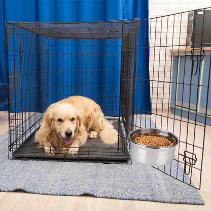 Dog inside a black wire crate with a bowl of food on a blue curtain background
