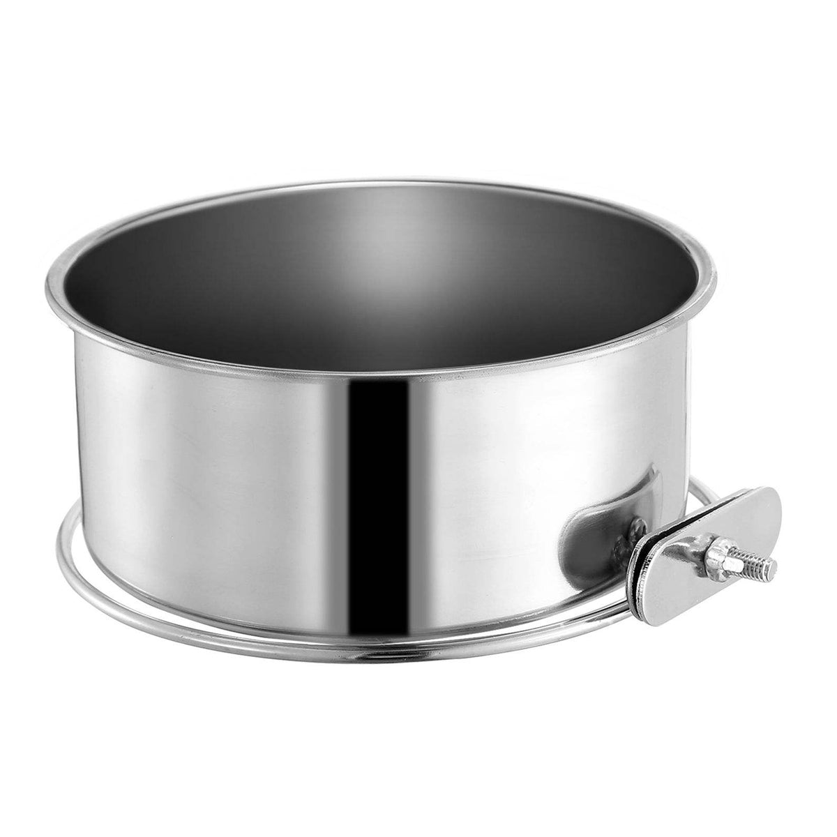 A stainless steel circular pot or pan with a side clamp and threaded screw adjustment, shown on a plain white background.