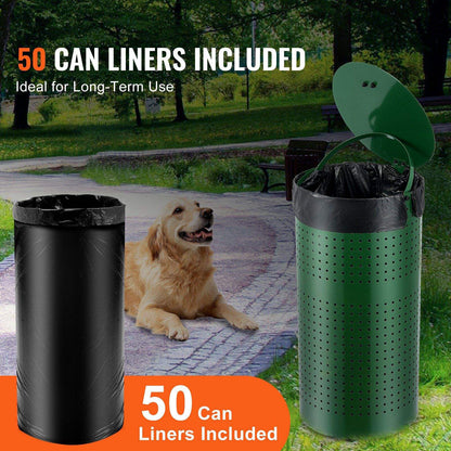 Two perforated can-shaped trash bins shown with black liner bags, one black and one green, with a golden retriever lying on a paved path in a park background. Large text reads '50 CAN LINERS INCLUDED' and 'Ideal for Long-Term Use'.