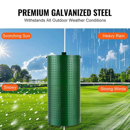 Green cylindrical rain barrel with weather conditions text on a grassy background