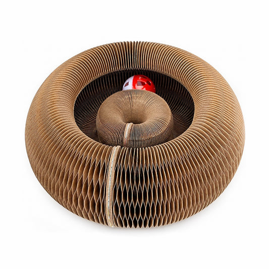 A circular cardboard cat toy with a honeycomb texture, featuring a red and white ball inside, photographed on a solid white background.