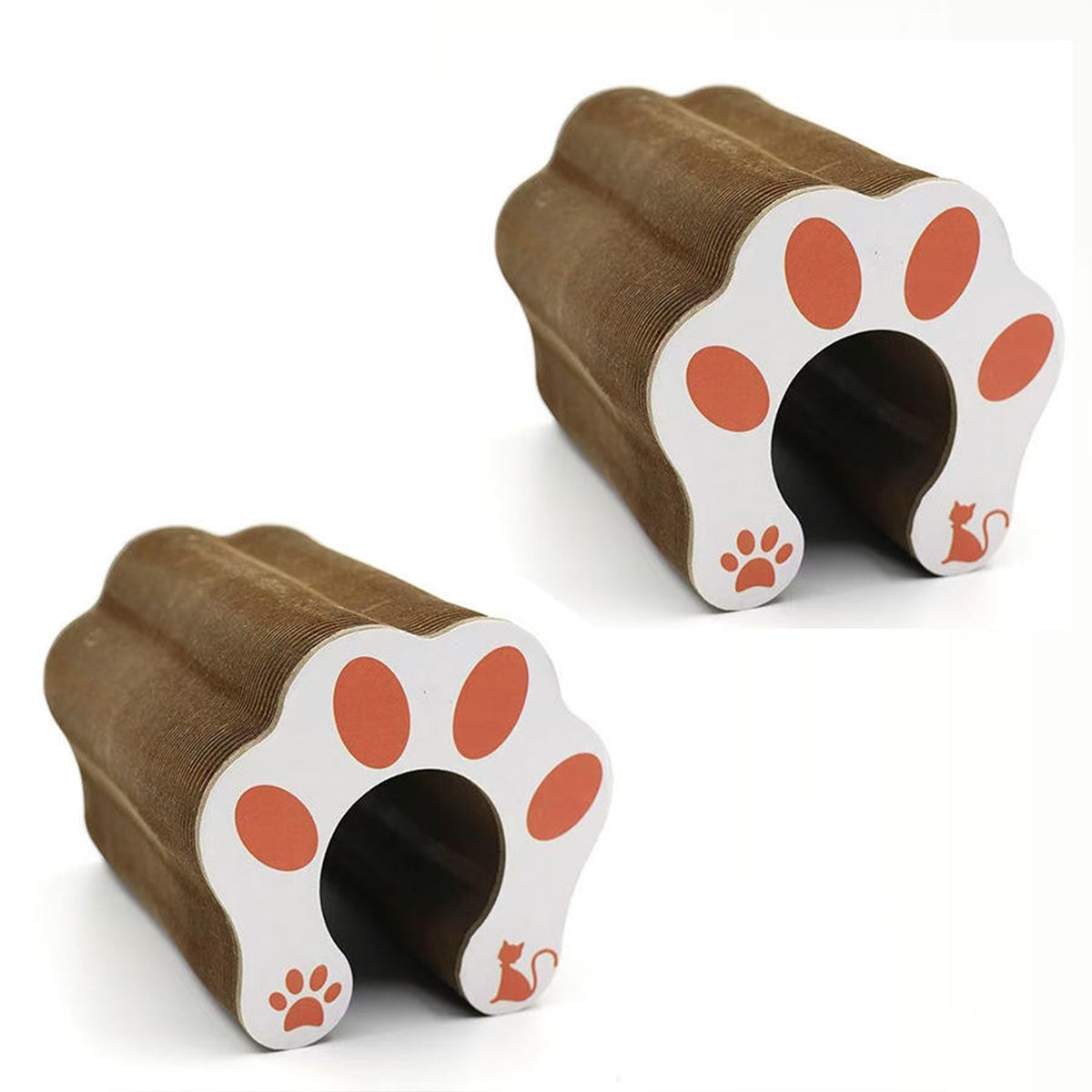 Two brown cat scratchers with paw print design on a white background