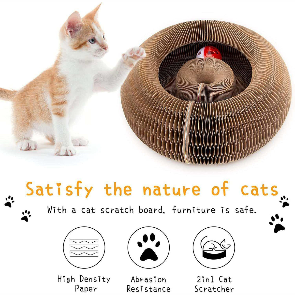 A small orange-and-white kitten stands beside a large circular cardboard cat scratcher toy on a white background. Below the toy, text reads 'Satisfy the nature of cats' and 'With a cat scratch board, furniture is safe,' with three feature icons for high density paper, abrasion resistance, and 2-in-1 cat scratcher.