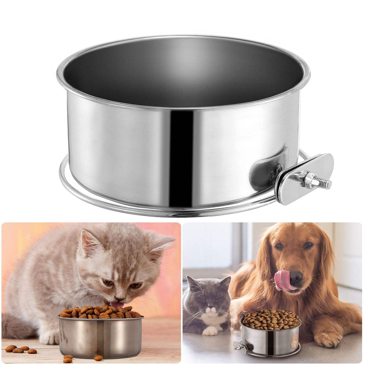 A stainless steel pet food bowl with a side clip, shown above two lifestyle photos of cats and a dog eating from the same bowl. The main product is the metal bowl; the bottom panel includes pets and food as contextual usage imagery.