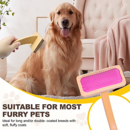 Dog being groomed with a brush, sitting on a carpeted floor with a pink grooming tool.
