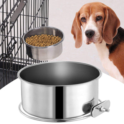 A stainless steel pet feeder and water bowl set with a clip-on design, shown with kibble in the bowl and a beagle dog partially visible on the right against a light studio background.