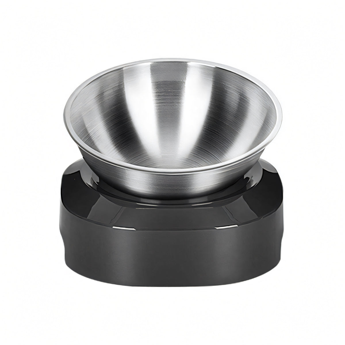 Stainless steel pet bowl on a black stand with a white background