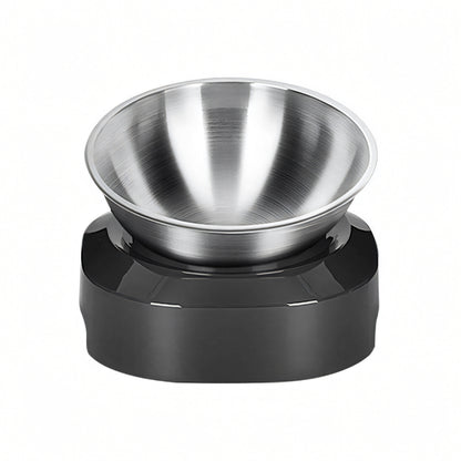 Stainless steel pet bowl on a black stand with a white background