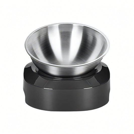 Stainless steel pet bowl on a black stand with a white background